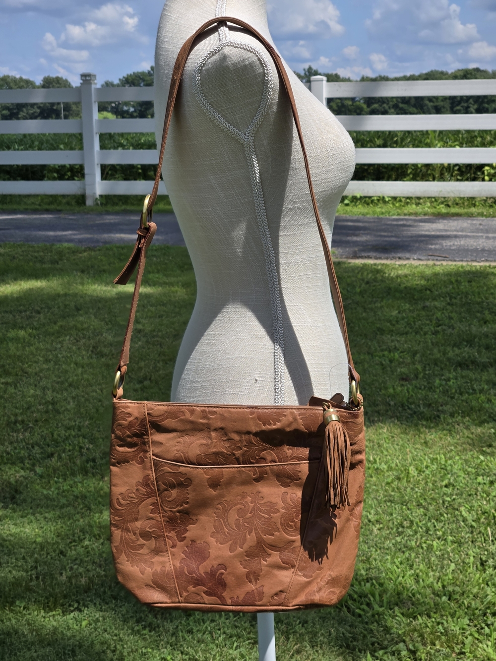 St. John's Bay Tan Floral-Embossed Leather Crossbody Bag